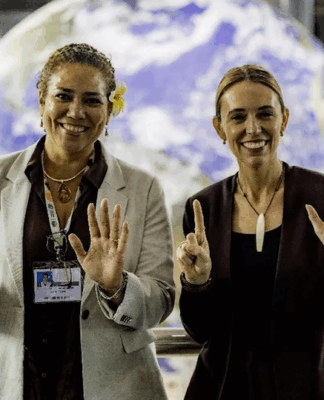 Dame Jacinda Ardern, Special Envoy for Oceania and former prime minister of Aotearoa New Zealand (right) and Coral Pasisi, Director of Climate Change and Sustainability at the Pacific Community (SPC)