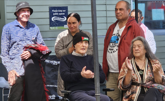 Roger Fowler about to be presented with a korowai by activist Brendan Corbett