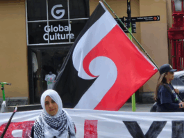 Australian author says shadow Gaza transit scheme company is operating ‘disaster capitalism’ Pro-Palestinian activist Lamees Elthiny speaking to protesters in Auckland