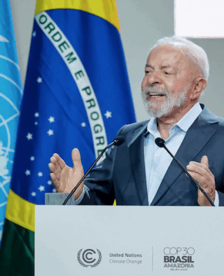 Brazil’s President Luiz Inácio Lula da Silva speaking at the opening of COP30, yesterday