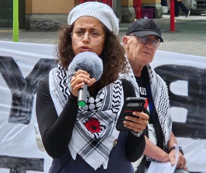 Speakers Rana Hamida and Mike Treen at today's Palestine rally against genocide