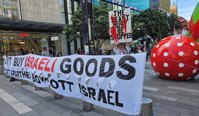 "The beast must be stopped" says a placard held aloft by protest artist Craig Tyburn among the Christmas decorations in downtown Auckland today