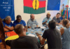 Pro-independence Progressist Union in Melanesia (UPM) leader Victor Tutugoro (centre with hat) and the party’s political bureau at a media conference this week in Nouméa