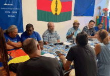 Pro-independence Progressist Union in Melanesia (UPM) leader Victor Tutugoro (centre with hat) and the party’s political bureau at a media conference this week in Nouméa