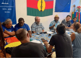 New Caledonia’s pro-independence split widens – another party quits FLNKS Pro-independence Progressist Union in Melanesia (UPM) leader Victor Tutugoro (centre with hat) and the party’s political bureau at a media conference this week in Nouméa