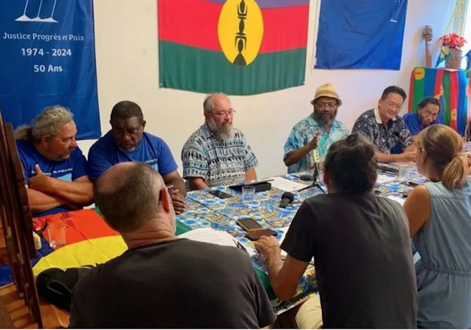 UPM meeting RNZ 680wide Pro-independence Progressist Union in Melanesia (UPM) leader Victor Tutugoro (centre with hat) and the party’s political bureau at a media conference this week in Nouméa