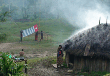 Four Papuan activists jailed on treason charges – NZ advocate says ‘abuse of law’ A West Papuan Morning Star flag being held in defiance of the Indonesian ban in a remote village