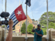 West Papuan supporters raise the Morning Star flag in Leichhardt, Sydney, today as protesters around the world mark the 1 December 1961 "independence" flag-flying day. Image: AWPA
