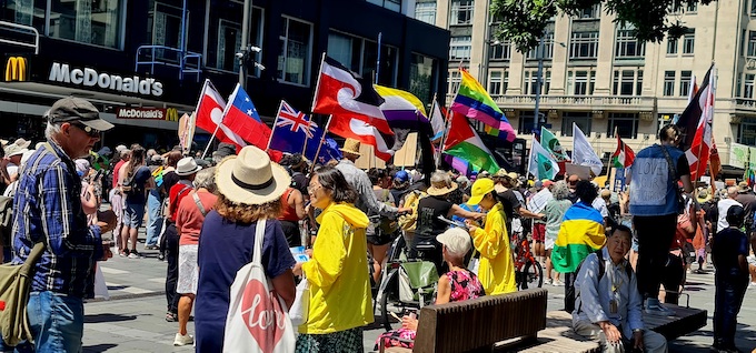 "Love Your Neighbour" says one placard at the Toitū Te Aroha rally