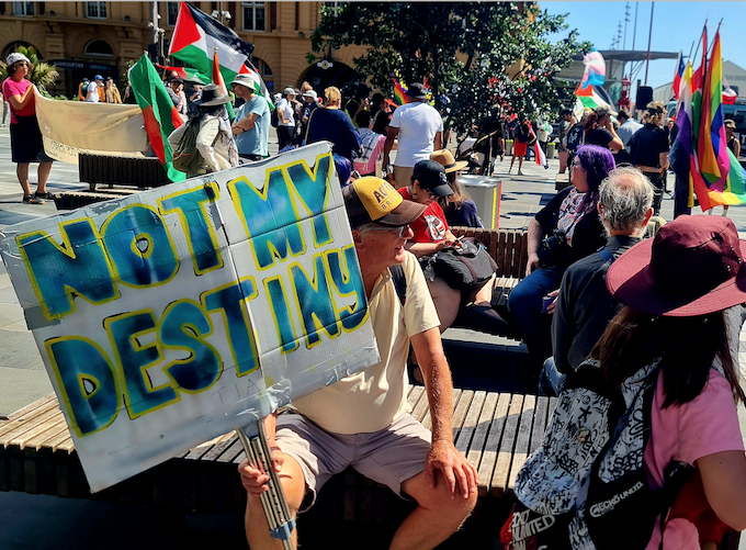 "Not My Destiny" placard at the Toitū te Aroha rally