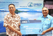 China's ambassador to Samoa Fei Mingxing (left) hands over a ceremonial cheque for US$200,000 to SPREP director of legal services and governing bodies Aumua Clark Peteru in Apia