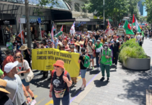The Toitū te Aroha diversity supporters march up Queen Street