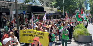 The Toitū te Aroha diversity supporters march up Queen Street