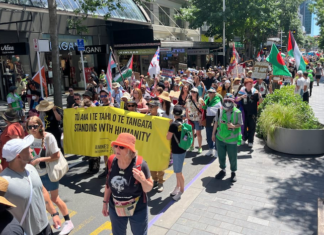 The Toitū te Aroha diversity supporters march up Queen Street
