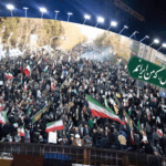 Tehran mural . . . a massive Vali Asr Square image of the pro-government national protests