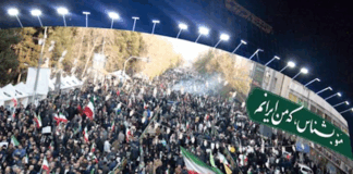 Tehran mural . . . a massive Vali Asr Square image of the pro-government national protests