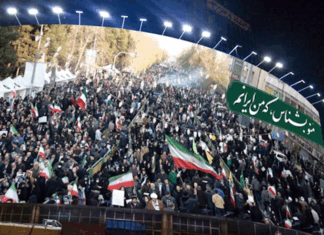 Tehran mural . . . a massive Vali Asr Square image of the pro-government national protests