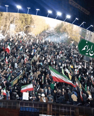 Tehran mural . . . a massive Vali Asr Square image of the pro-government national protests