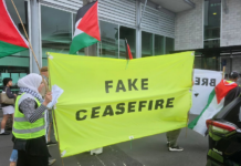 PSNA calls on NZ government to punish Kiwi soldiers taking part in Israeli genocide A "Fake Ceasefire" banner at an Auckland protest against the Gaza genocide