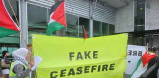 A "Fake Ceasefire" banner at an Auckland protest against the Gaza genocide