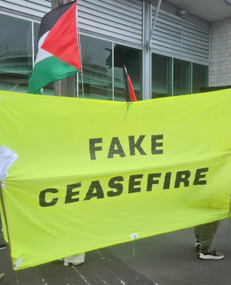 PSNA calls on NZ government to punish Kiwi soldiers taking part in Israeli genocide A "Fake Ceasefire" banner at an Auckland protest against the Gaza genocide