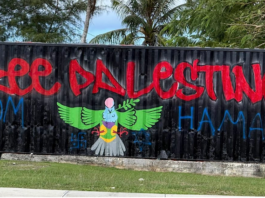 The defaced "Free Palestine" mural in Palau