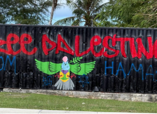 The defaced "Free Palestine" mural in Palau