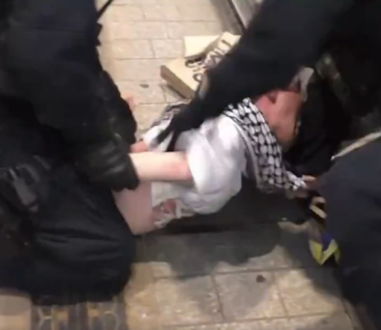A scene of NSW police brutality raining blows on a young man in a keffiyeh in Sydney