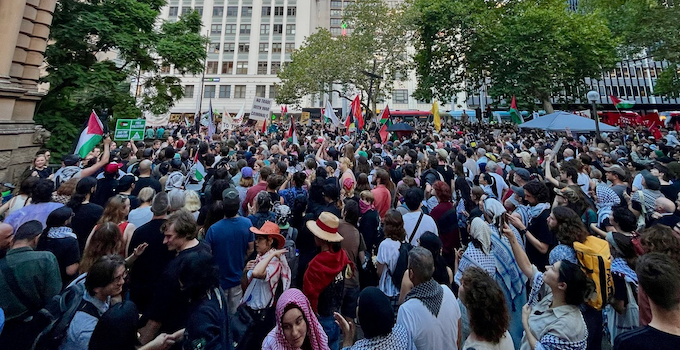 A massive crowd of protesters at the Sydney Town Hall this evening