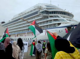 Gaza and Rocket Lab protesters on Auckland Tāmaki Makaurau's Queens Wharf