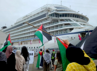 Gaza and Rocket Lab protesters on Auckland Tāmaki Makaurau's Queens Wharf