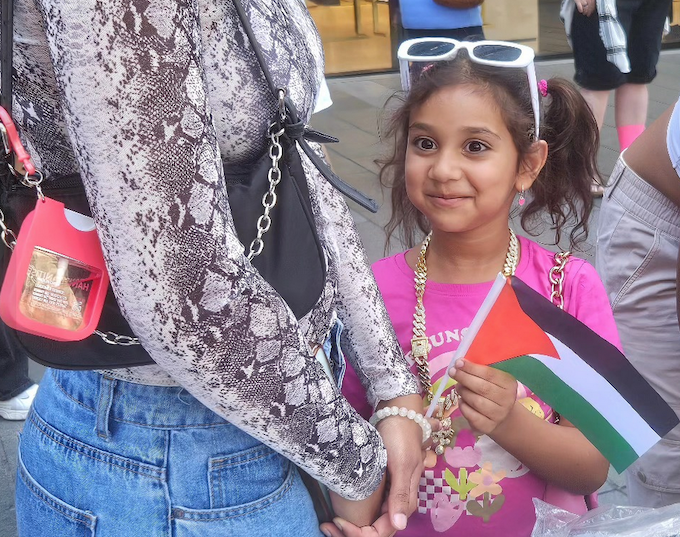 A young protester with a Palestinian flag