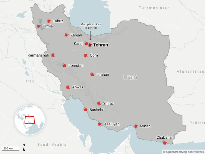 Map of Iran and cities attacked by US-Israel