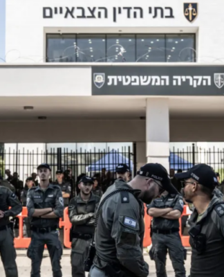 Far-right Israelis and relatives of the soldiers gather in front of a military court building and stage a protest