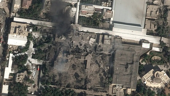 The first satellite image of the bombing of Ayatollah Ali Khamenei's compound in Tehran on the opening day of the surprise and illegal US-Israeli attack on Iran