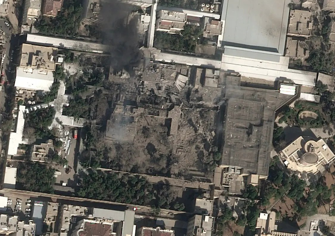Khamenei's compound CT 680wide The first satellite image of the bombing of Ayatollah Ali Khamenei's compound in Tehran on the opening day of the surprise and illegal US-Israeli attack on Iran