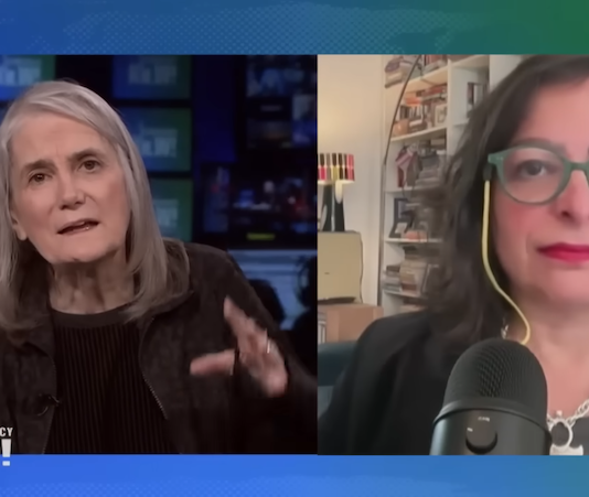 Democracy Now host Amy Goodman interviewing economist Dr Laleh Khalili