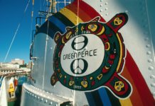 From nuclear to climate crisis survivors: unfinished business in the Pacific The Cree Indian motif – inspired by the mythology of the elderly woman "Eyes of Fire" and her vision for the future – painted on the original Rainbow Warrior smoke stack