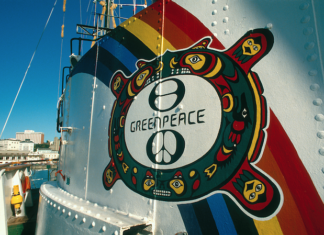 The Cree Indian motif – inspired by the mythology of the elderly woman "Eyes of Fire" and her vision for the future – painted on the original Rainbow Warrior smoke stack