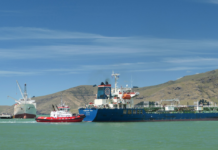 An oil tanker docked at the Port of Lyttelton, New Zealand