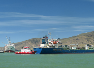 An oil tanker docked at the Port of Lyttelton, New Zealand