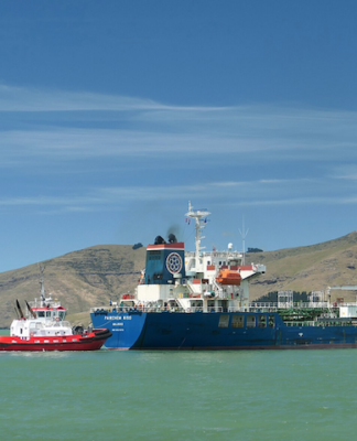 An oil tanker docked at the Port of Lyttelton, New Zealand