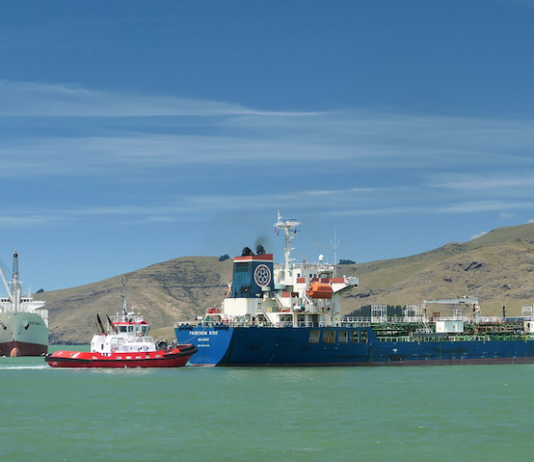 An oil tanker docked at the Port of Lyttelton, New Zealand