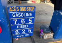 The gas and diesel price sign at Ace's One Stop fuel station in Majuro