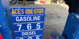 The gas and diesel price sign at Ace's One Stop fuel station in Majuro