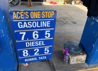 The gas and diesel price sign at Ace's One Stop fuel station in Majuro