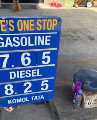The gas and diesel price sign at Ace's One Stop fuel station in Majuro
