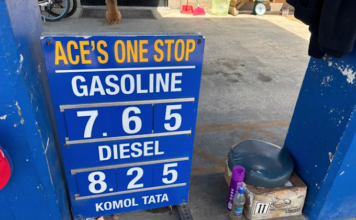 The gas and diesel price sign at Ace's One Stop fuel station in Majuro