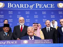 Indonesian President Prabowo Subianto (far left) at the inaugural meeting of Trump's so-called Board of Peace
