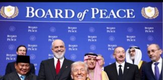 Indonesian President Prabowo Subianto (far left) at the inaugural meeting of Trump's so-called Board of Peace